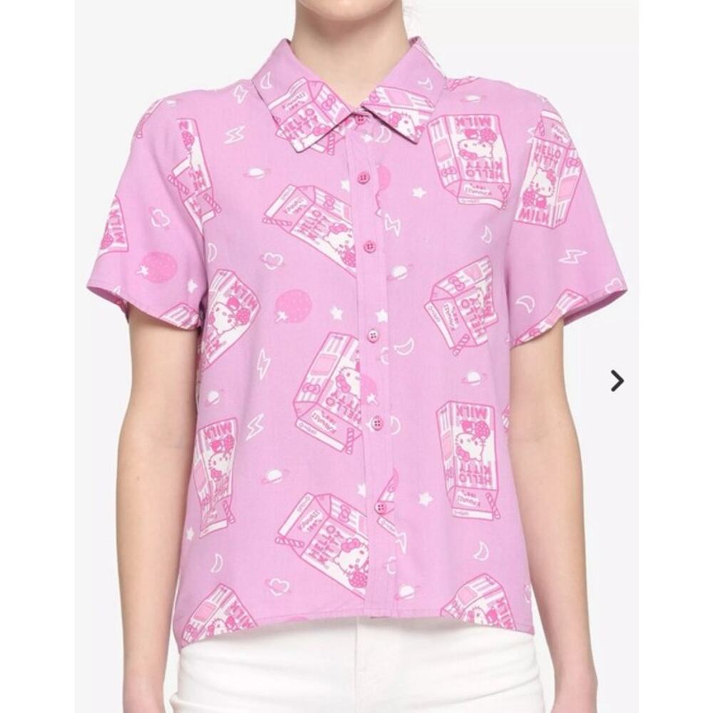 HOT TOPIC SANRIO HELLO KITTY NWT $42 SS Pink Strawberry Milk Button Down Size M